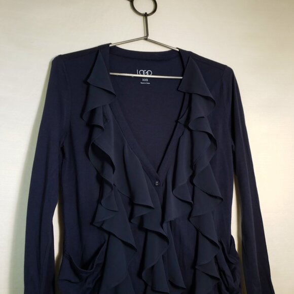 LOGO Soft Cotton Ruffle Front Cardigan Size XXS Semi Sheer Dark Romantic - Picture 3 of 6